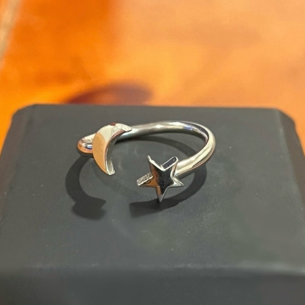 Handmade 14k Solid White Gold Moon & Stars Ring - Size 5 (adjustable) 🌟